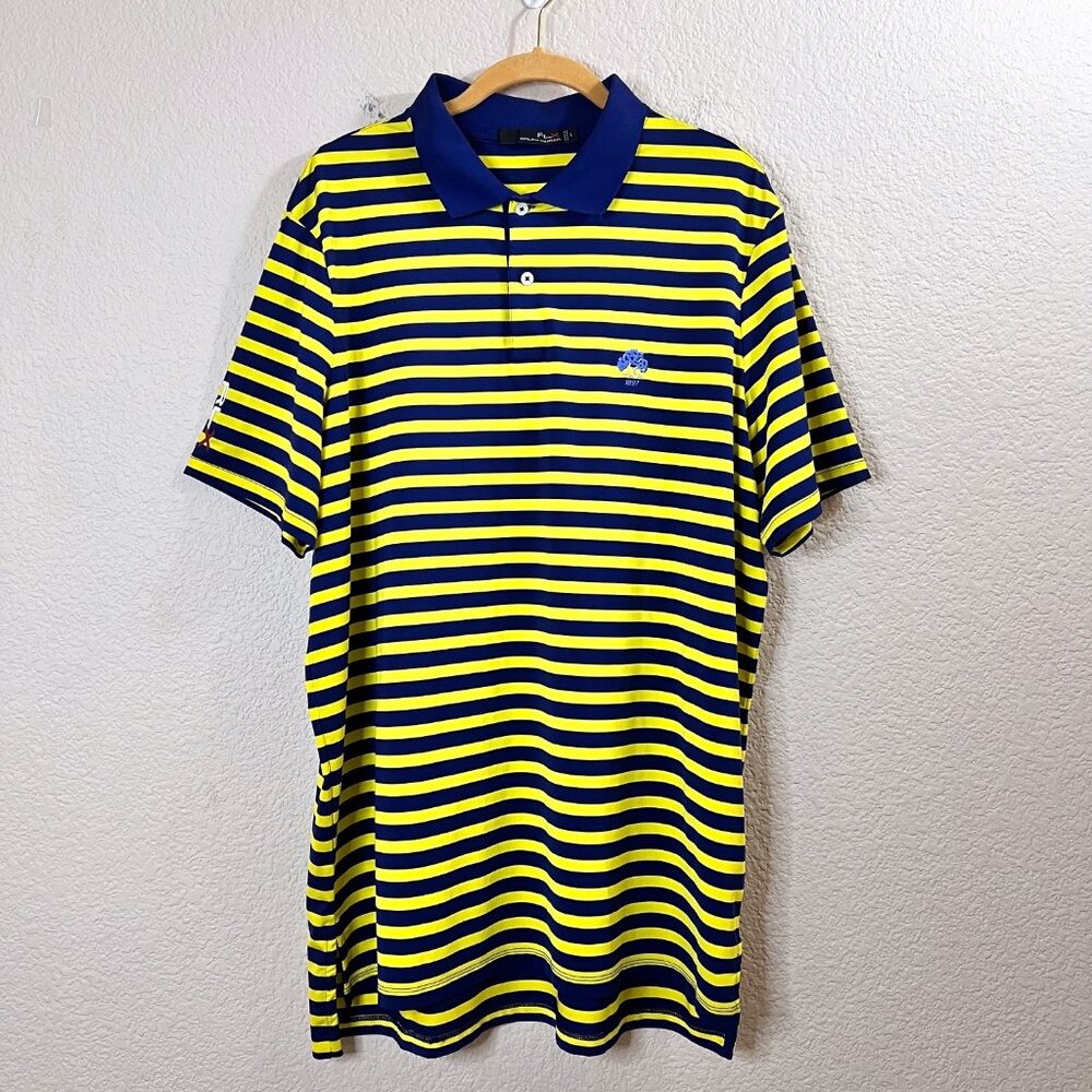 RLX Ralph Lauren Size L Men Blue Yellow Stripes 1897 Logo Golf Preppy Polo Shirt